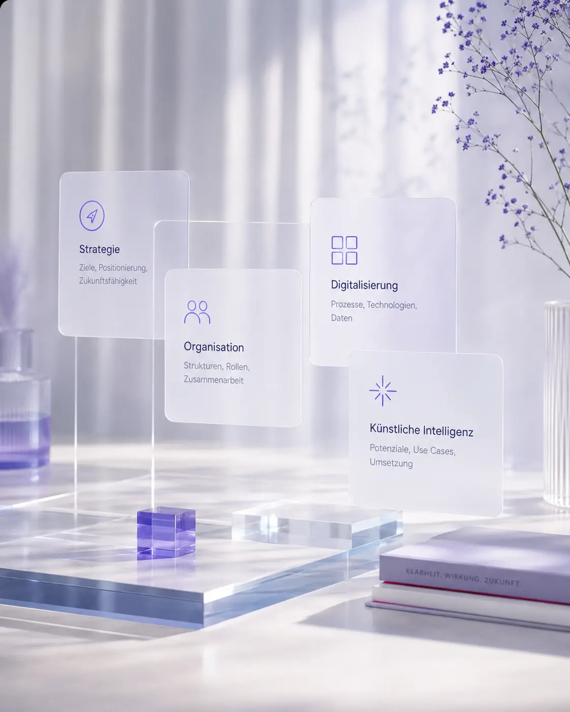 Visuelle Themenschwerpunkte zu Strategie, Organisation, Digitalisierung und KI